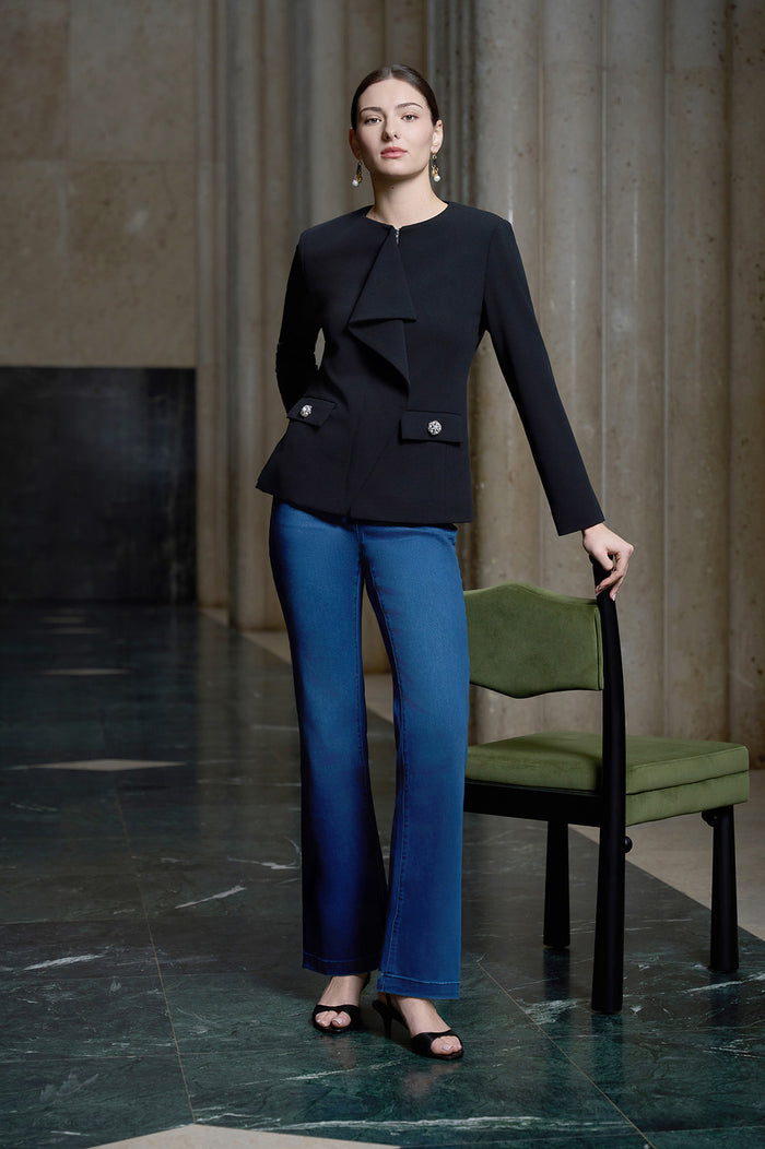 Stretch Deco Crepe Drape Front Jacket, Black | Ming Wang