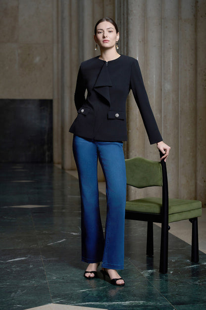 Stretch Deco Crepe Drape Front Jacket, Black | Ming Wang