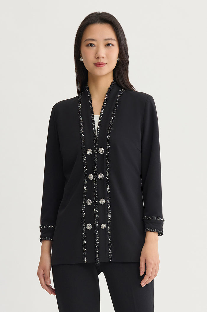 Stretch Deco Crepe Eyelash Jacket, Black/Ivory | Ming Wang