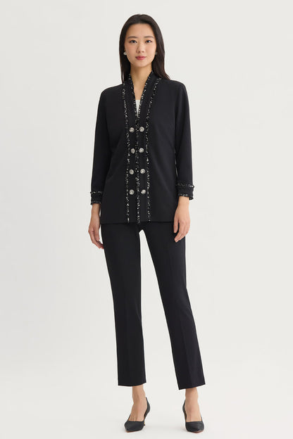 Stretch Deco Crepe Eyelash Jacket, Black/Ivory | Ming Wang