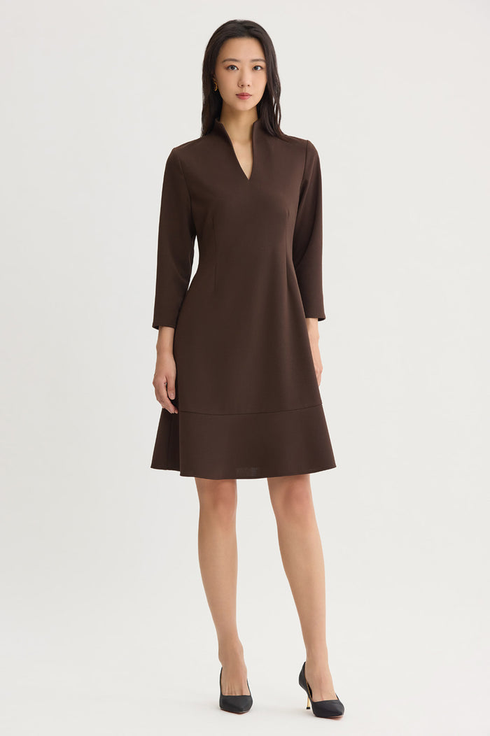 Stretch Deco Crepe Funnel Neck Midi Dress, Dark Umber, Dark Umber | Ming Wang