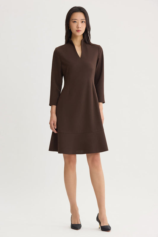 Stretch Deco Crepe Funnel Neck Midi Dress, Dark Umber, Dark Umber | Ming Wang