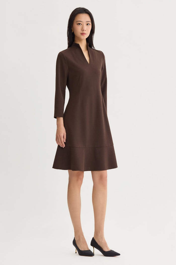 Stretch Deco Crepe Funnel Neck Midi Dress, Dark Umber, Dark Umber | Ming Wang