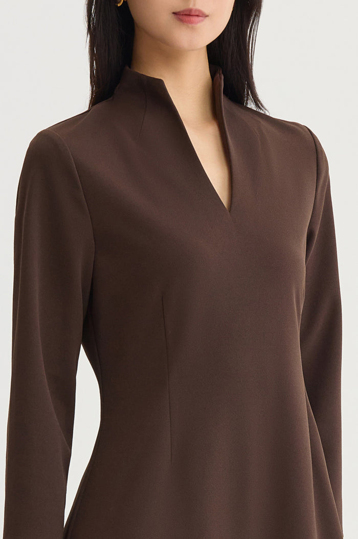 Stretch Deco Crepe Funnel Neck Midi Dress, Dark Umber, Dark Umber | Ming Wang