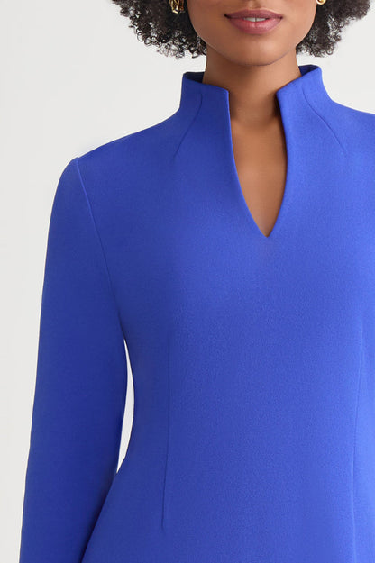 Stretch Deco Crepe Funnel Neck Midi Dress, Sapphire Sea | Ming Wang