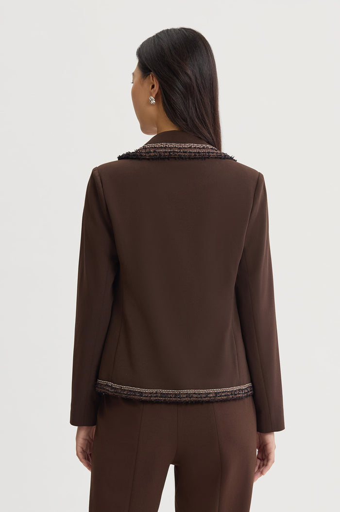 Stretch Deco Crepe Knit Trim Jacket, Dark Umber/Warm Taupe/Ivory | Ming Wang