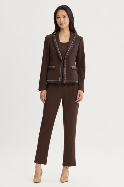 Stretch Deco Crepe Knit Trim Jacket, Dark Umber/Warm Taupe/Ivory | Ming Wang