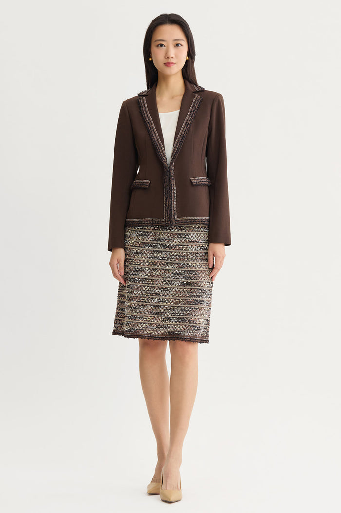 Stretch Deco Crepe Knit Trim Jacket, Dark Umber/Warm Taupe/Ivory | Ming Wang