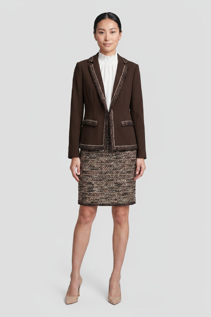 Stretch Deco Crepe Knit Trim Jacket, Dark Umber/Warm Taupe/Ivory | Ming Wang