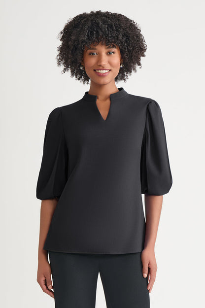 Stretch Deco Crepe Puff Sleeve Blouse, Black | Ming Wang