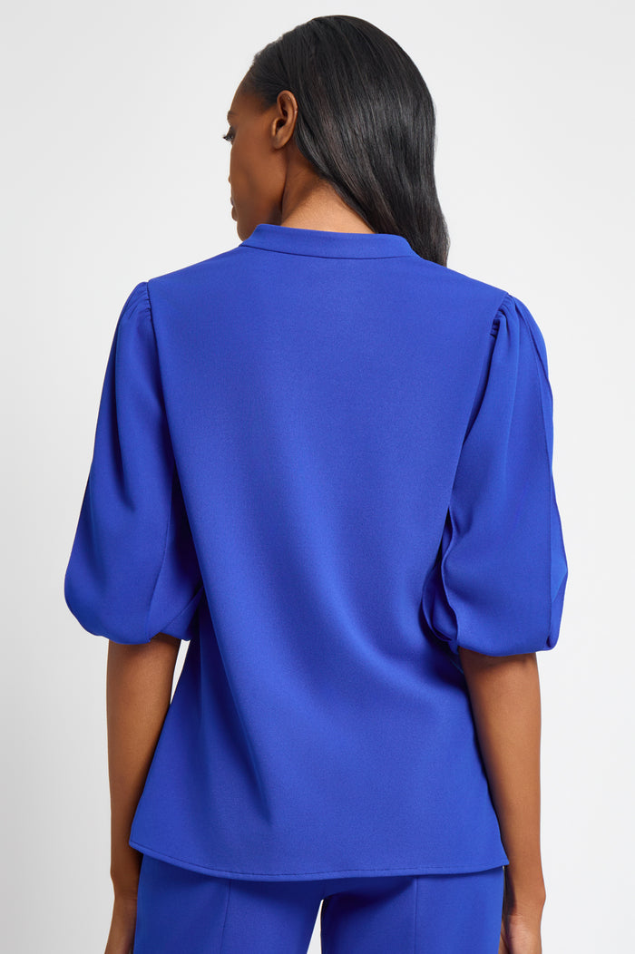 Stretch Deco Crepe Puff Sleeve Blouse, Sapphire Sea | Ming Wang