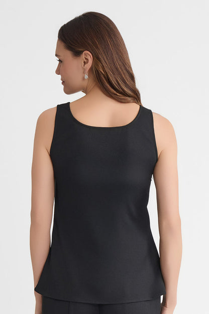 Stretch Deco Crepe Scoop Neck Tank, Black, Black | Ming Wang