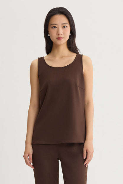 Stretch Deco Crepe Scoop Neck Tank, Dark Umber, Dark Umber | Ming Wang