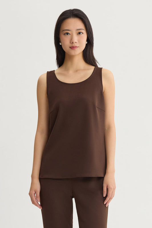 Stretch Deco Crepe Scoop Neck Tank, Dark Umber, Dark Umber | Ming Wang