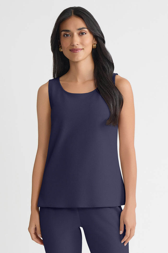 Stretch Deco Crepe Scoop Neck Tank, Indigo, Indigo | Ming Wang