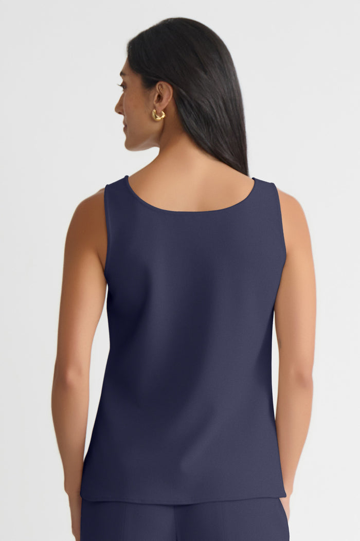 Stretch Deco Crepe Scoop Neck Tank, Indigo, Indigo | Ming Wang