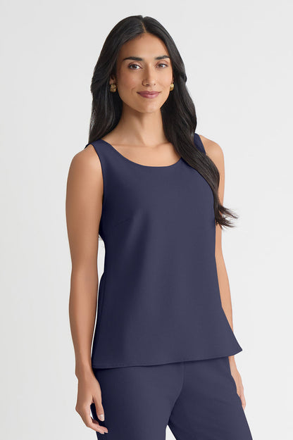 Stretch Deco Crepe Scoop Neck Tank, Indigo, Indigo | Ming Wang