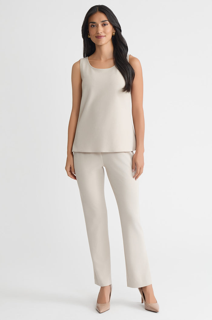 Stretch Deco Crepe Scoop Neck Tank, Limestone, Limestone | Ming Wang