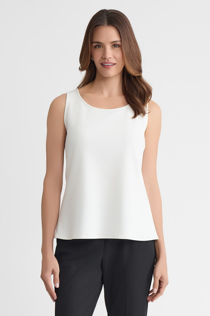 Stretch Deco Crepe Scoop Neck Tank, White, White | Ming Wang