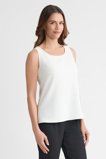 Stretch Deco Crepe Scoop Neck Tank, White, White | Ming Wang