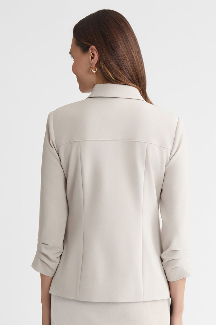 Heritage Stretch Deco Crepe Scrunch Sleeve Jacket, Limestone, Limestone/Black | Ming Wang