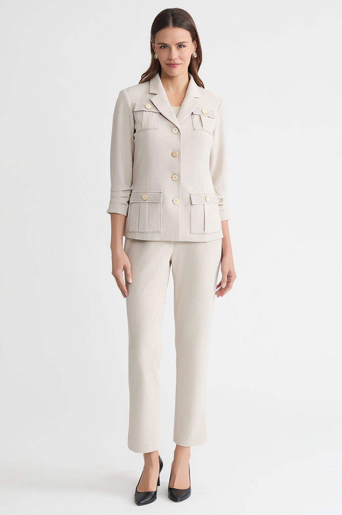 Heritage Stretch Deco Crepe Scrunch Sleeve Jacket, Limestone, Limestone/Black | Ming Wang