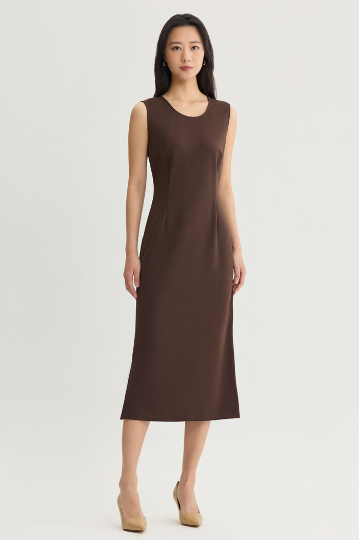 Stretch Deco Crepe Sheath Midi Dress, Dark Umber, Dark Umber | Ming Wang