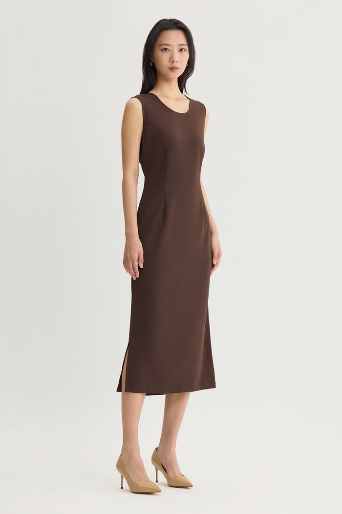 Stretch Deco Crepe Sheath Midi Dress, Dark Umber, Dark Umber | Ming Wang
