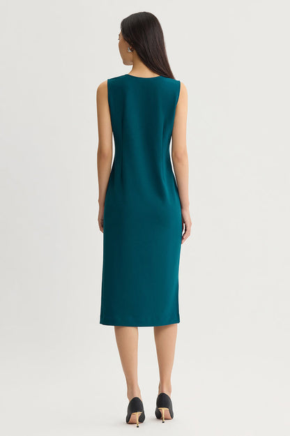 Stretch Deco Crepe Sheath Midi Dress, Deep Teal, Deep Teal | Ming Wang