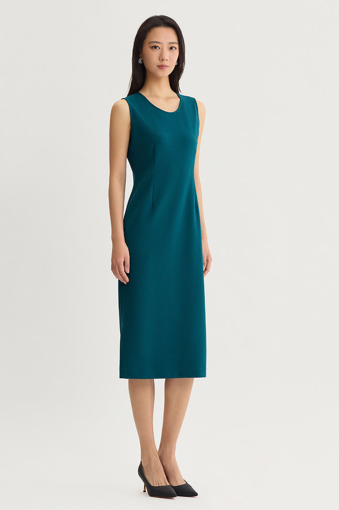 Stretch Deco Crepe Sheath Midi Dress, Deep Teal, Deep Teal | Ming Wang