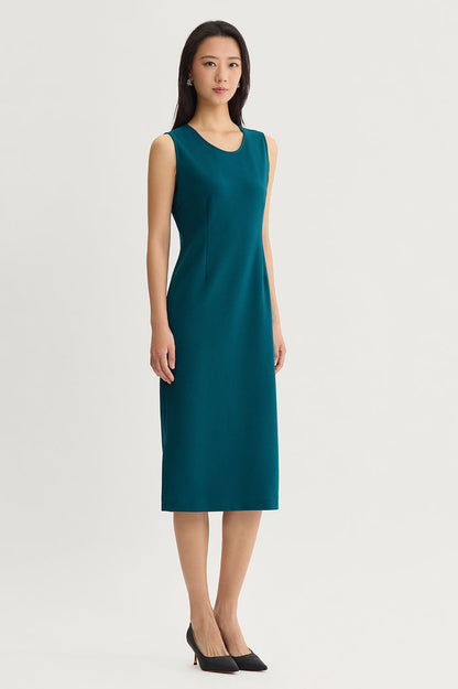 Stretch Deco Crepe Sheath Midi Dress, Deep Teal, Deep Teal | Ming Wang