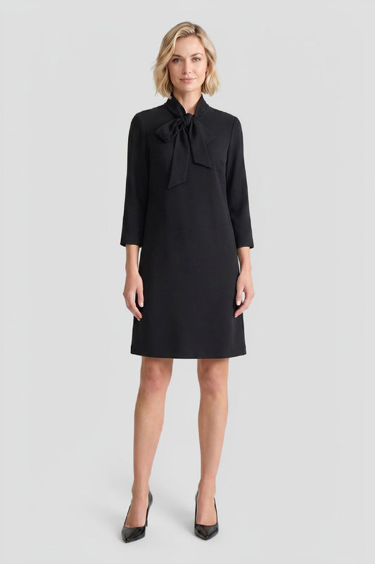 Stretch Deco Crepe Tie-Neck Tent Dress, Black | Ming Wang