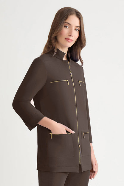 Stretch Deco Crepe Utility Jacket, Dark Umber | Ming Wang