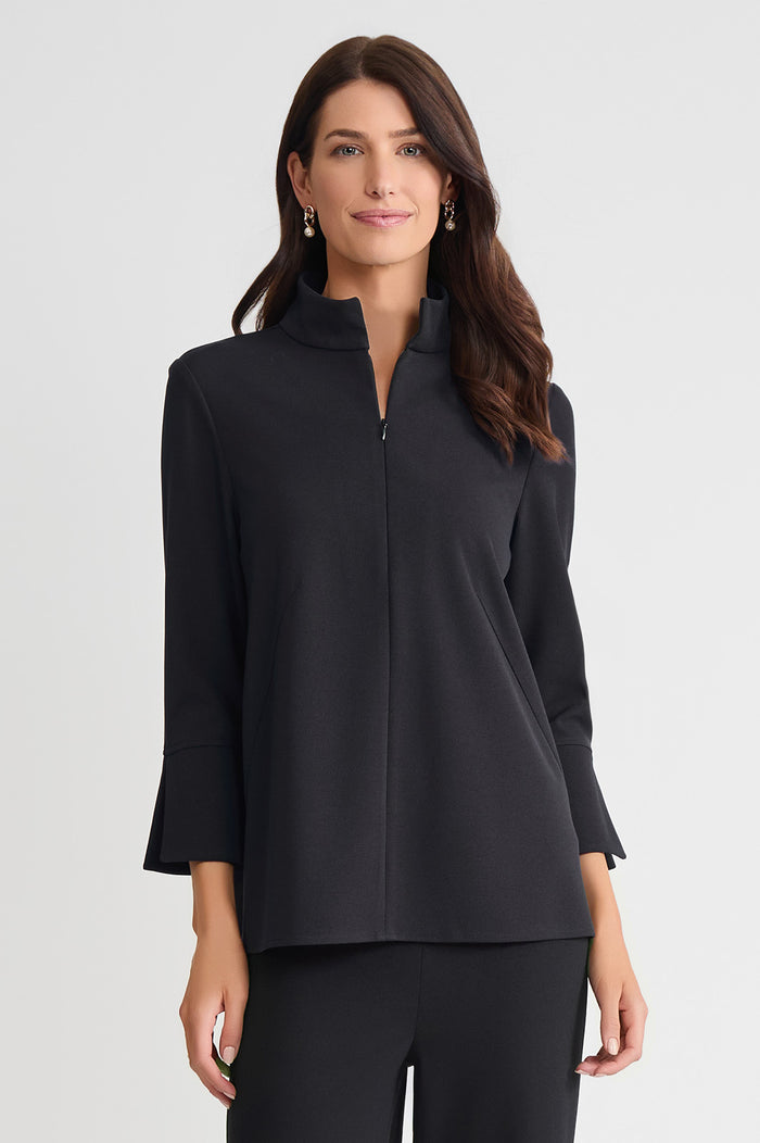 Stretch Deco Crepe Zip Front Pullover Blouse, Black, Black | Ming Wang