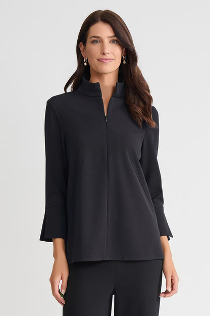 Stretch Deco Crepe Zip Front Pullover Blouse, Black, Black | Ming Wang