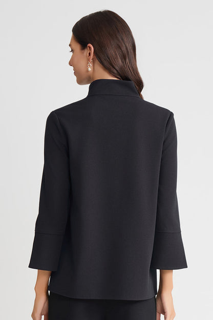 Stretch Deco Crepe Zip Front Pullover Blouse, Black, Black | Ming Wang
