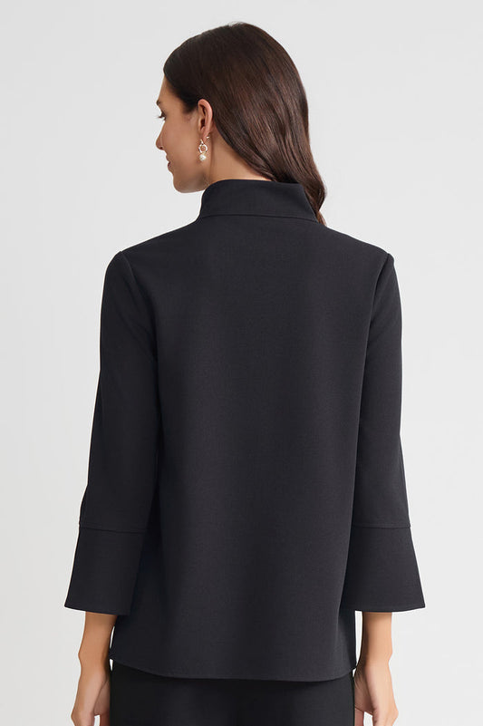 Stretch Deco Crepe Zip Front Pullover Blouse, Black, Black | Ming Wang