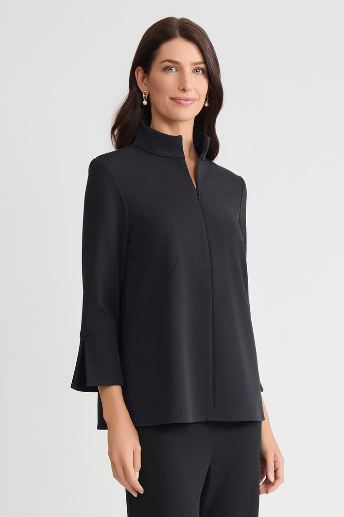 Stretch Deco Crepe Zip Front Pullover Blouse, Black, Black | Ming Wang