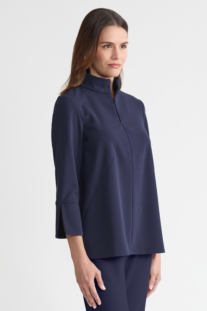 Stretch Deco Crepe Zip Front Pullover Blouse, Indigo, Indigo | Ming Wang