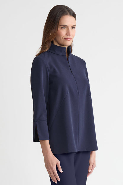 Stretch Deco Crepe Zip Front Pullover Blouse, Indigo, Indigo | Ming Wang