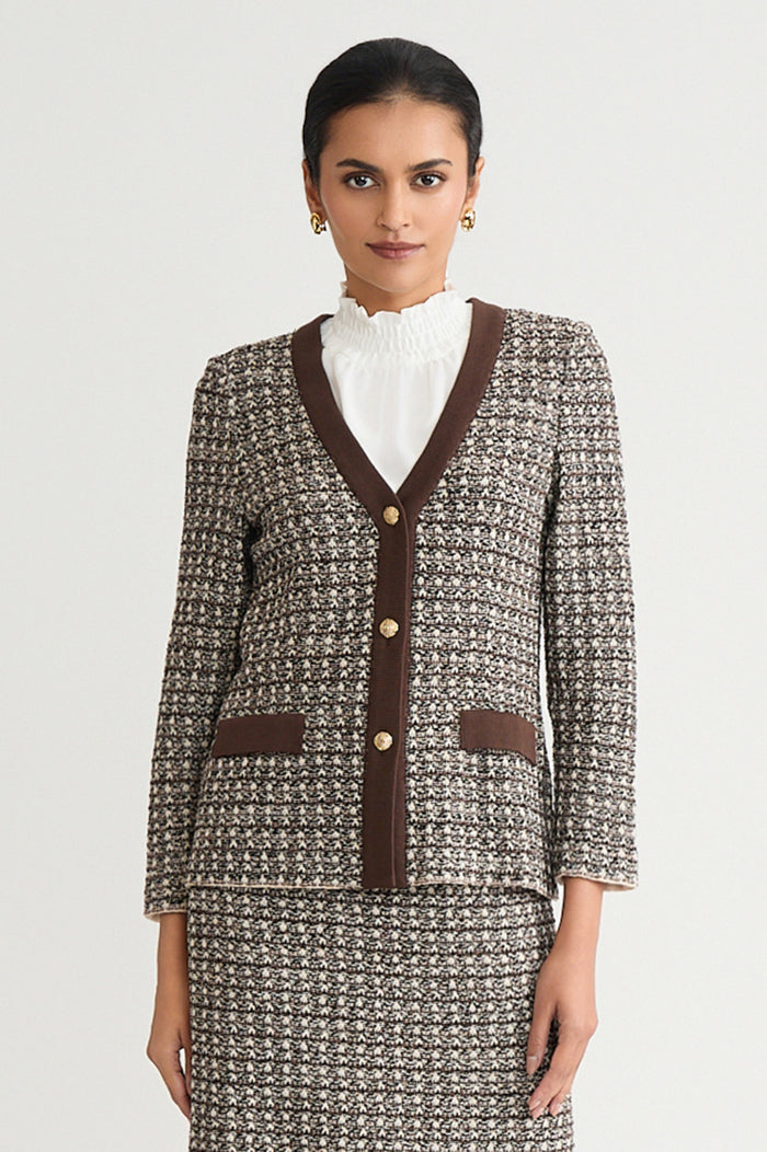 Tailored Contrast Trim Tweed Knit Jacket, Dark Umber/Twig/Black/Ivory | Ming Wang