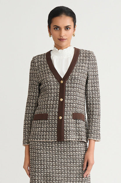 Tailored Contrast Trim Tweed Knit Jacket, Dark Umber/Twig/Black/Ivory | Ming Wang