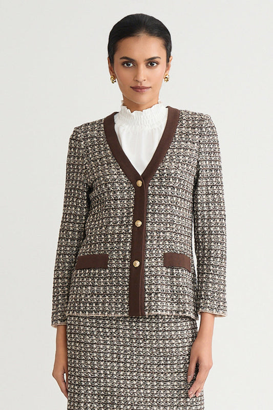 Tailored Contrast Trim Tweed Knit Jacket, Dark Umber/Twig/Black/Ivory | Ming Wang