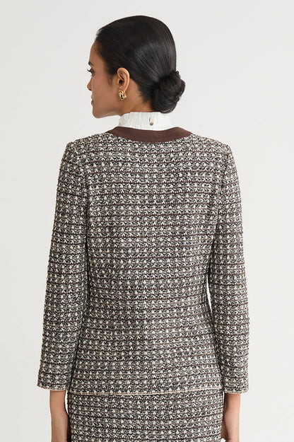 Tailored Contrast Trim Tweed Knit Jacket, Dark Umber/Twig/Black/Ivory | Ming Wang