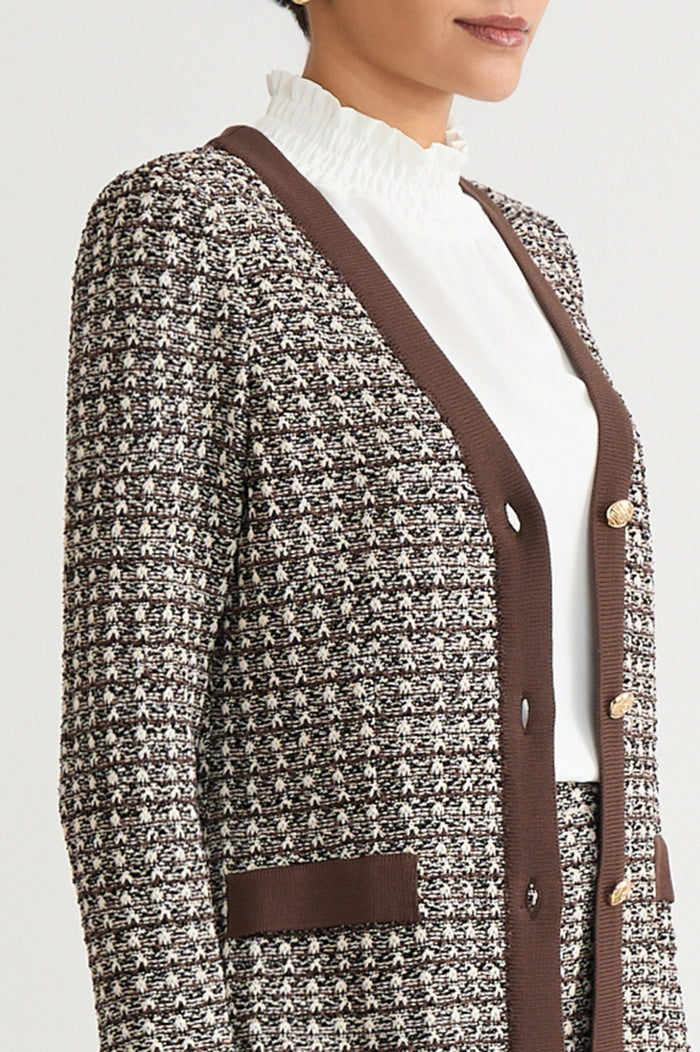 Tailored Contrast Trim Tweed Knit Jacket, Dark Umber/Twig/Black/Ivory | Ming Wang
