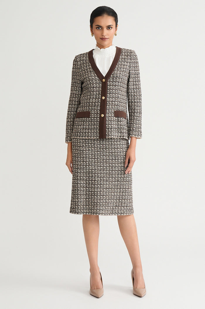 Tailored Contrast Trim Tweed Knit Jacket, Dark Umber/Twig/Black/Ivory | Ming Wang