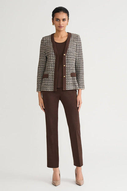 Tailored Contrast Trim Tweed Knit Jacket, Dark Umber/Twig/Black/Ivory | Ming Wang