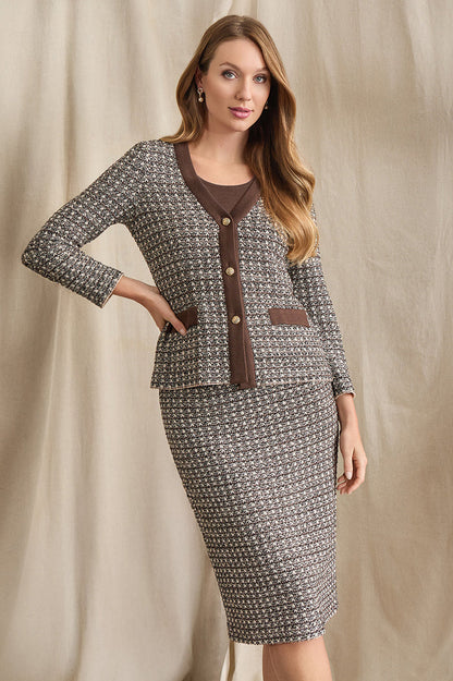 Tailored Contrast Trim Tweed Knit Jacket, Dark Umber/Twig/Black/Ivory | Ming Wang