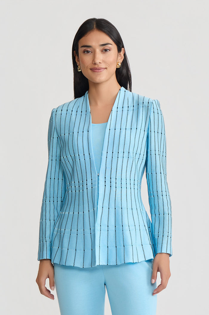 Tailored Dotted Stripe Peplum Knit Jacket, Serene/Black | Ming Wang