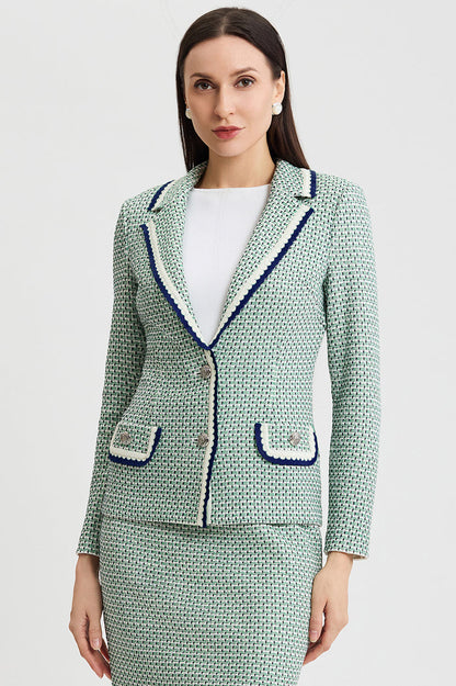 Tailored Jacquard Basketweave Knit Jacket, Kelly Green/Indigo/Ivory | Ming Wang